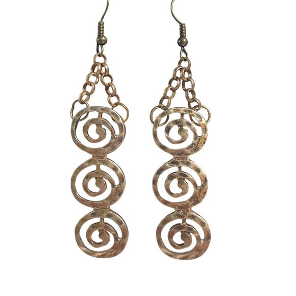 Gold Tone Spiral Dangle Earrings Lightweight Chain Bohemian Handmade Jewelry - Picture 1 of 4